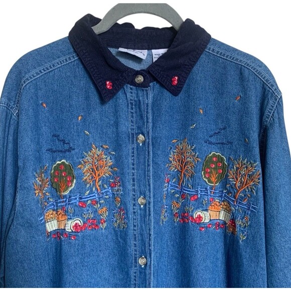 Vintage Embroidered Denim Button Down Long Sleeve Shirt Women’s Size 18/20W Fall - Picture 2 of 11